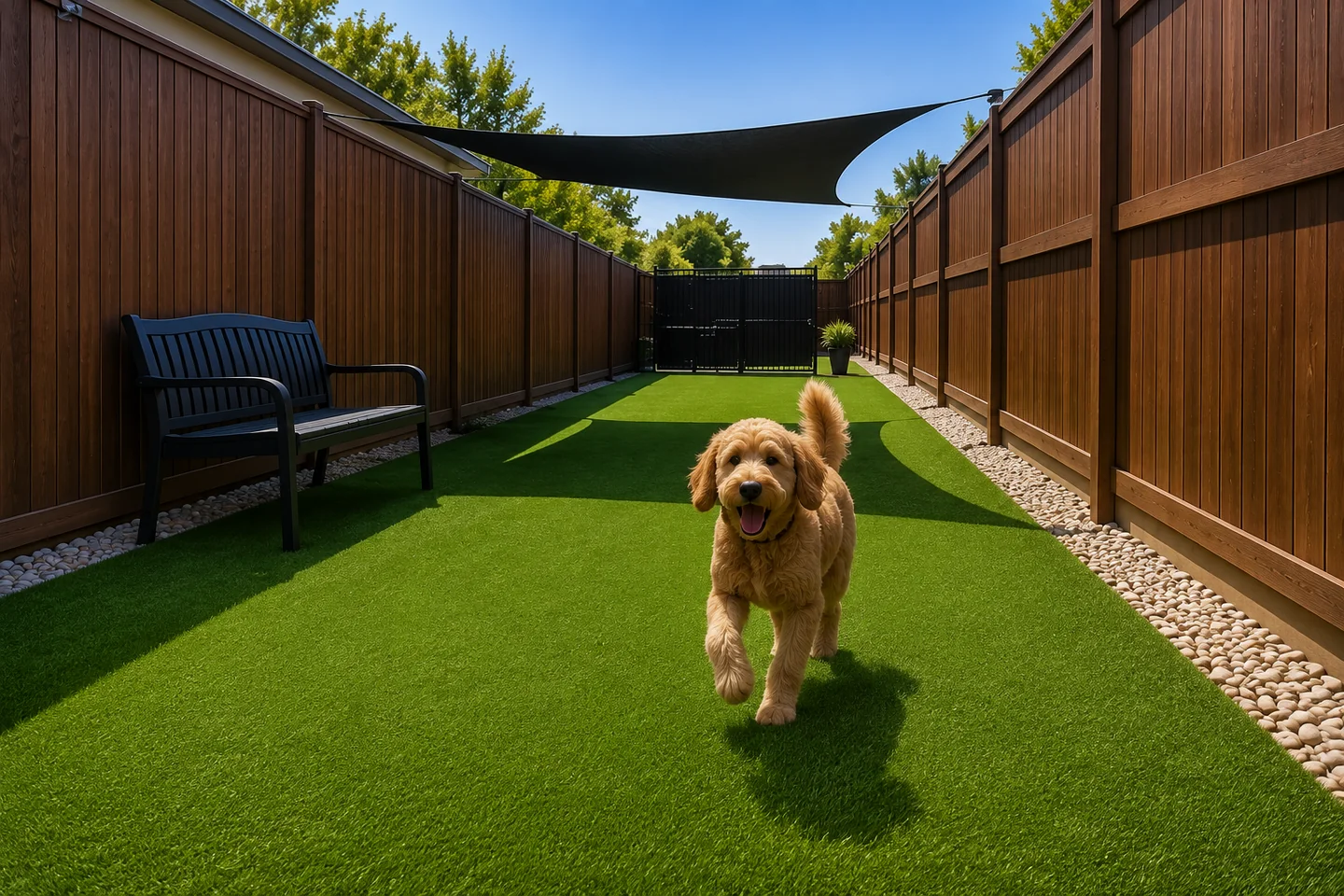 Golden doodle enjoying a completed artificial turf dog run